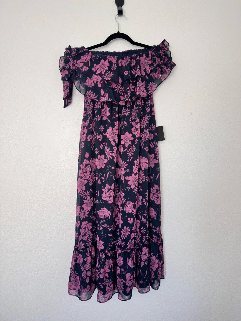 Lulu's Off the Shoulder Maxi Dress in Navy Blue with Pink Floral Print